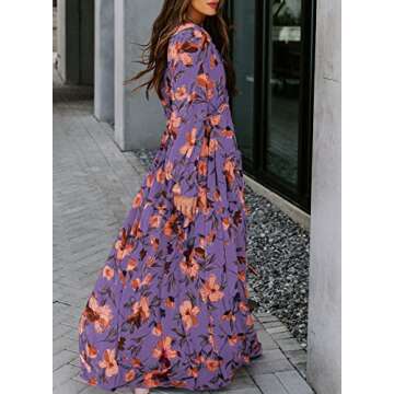 BLENCOT Women's Casual Boho Floral Printed Deep V Neck Loose Long Sleeve Long Evening Dress Ruched Cocktail Party Maxi Wedding Dress Purple Medium