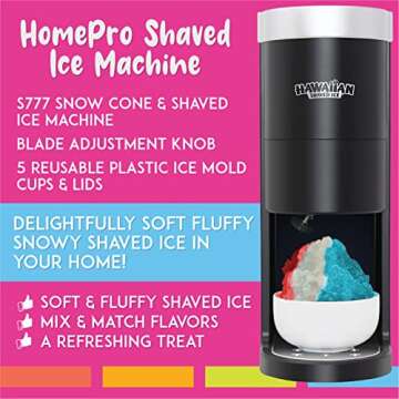 Hawaiian Shaved Ice S777 Snow Cone and Shaved Ice Machine with Blade Adjustment Knob and 5 Reusable ...