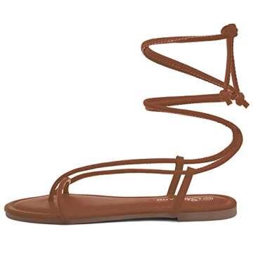 Shoe Land SL-Auday Womens Lace Up Flat Sandals Open Toe Tie Up Ankle Wrap Flat Sandals Black White Red Green Gold Flat Sandals Crisscross Casual Slides for Summer, Tan, Size 7.0