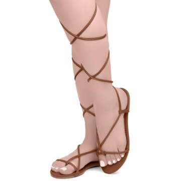 Shoe Land SL-Auday Womens Lace Up Flat Sandals Open Toe Tie Up Ankle Wrap Flat Sandals Black White Red Green Gold Flat Sandals Crisscross Casual Slides for Summer, Tan, Size 7.0