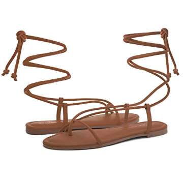 Shoe Land SL-Auday Womens Lace Up Flat Sandals Open Toe Tie Up Ankle Wrap Flat Sandals Black White Red Green Gold Flat Sandals Crisscross Casual Slides for Summer, Tan, Size 7.0