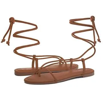 Shoe Land SL-Auday Womens Lace Up Flat Sandals Open Toe Tie Up Ankle Wrap Flat Sandals Black White Red Green Gold Flat Sandals Crisscross Casual Slides for Summer, Tan, Size 7.0