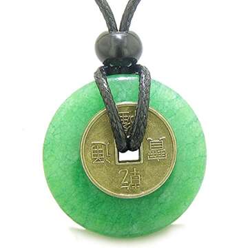 Antique Lucky Coin Good Luck Powers Amulet Green Quartz 30mm Donut Pendant Necklace
