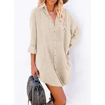Dokotoo Women's Corduroy Dresses for Women 2024 Fashion Casual V Neck Long Sleeve Button Down Tunic ...