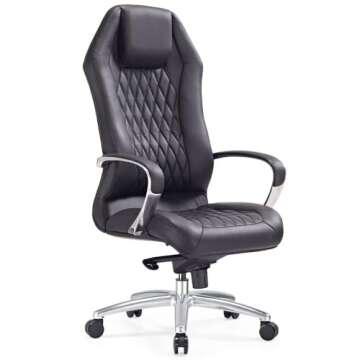 Zuri Furniture Modern Ergonomic Sterling Genuine Leather Executive Chair with Aluminum Base- Black