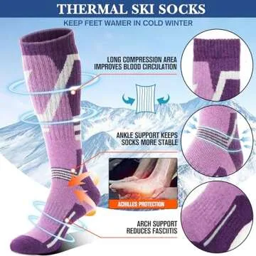 Merino Wool Ski Socks for Mens Womens Winter Thermal Warm Thick Knee High Snowboarding Skiing Socks for Cold Weather 3 Pairs Gifts Stocking Stuffers(Red/Blue/Purple,M)