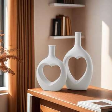 JDZMYF White Heart Shaped Ceramic Vase Set of 2 - Modern Home Decor