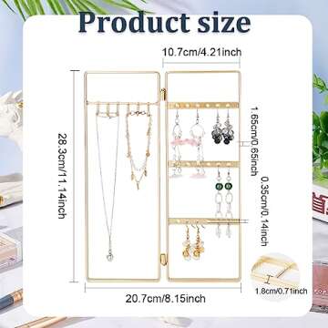 FINGERINSPIRE Gold Foldable Jewelry Rack 18 Holes and 6 Hooks Metal 2-Panel Jewelry Organizer for Ea...