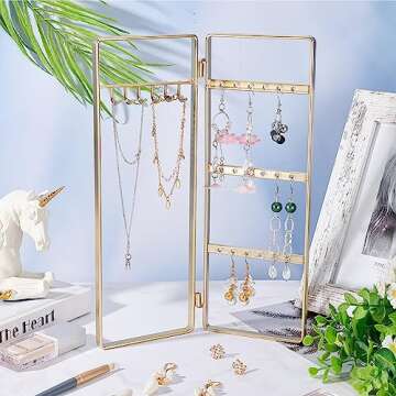 FINGERINSPIRE Gold Foldable Jewelry Rack 18 Holes and 6 Hooks Metal 2-Panel Jewelry Organizer for Earrings, Bracelets and Necklaces Jewelry Organizer Display Stand for Retail, Counter Showcase