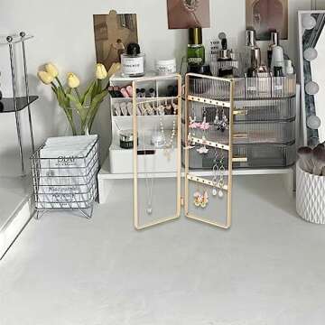 FINGERINSPIRE Gold Foldable Jewelry Rack 18 Holes and 6 Hooks Metal 2-Panel Jewelry Organizer for Earrings, Bracelets and Necklaces Jewelry Organizer Display Stand for Retail, Counter Showcase