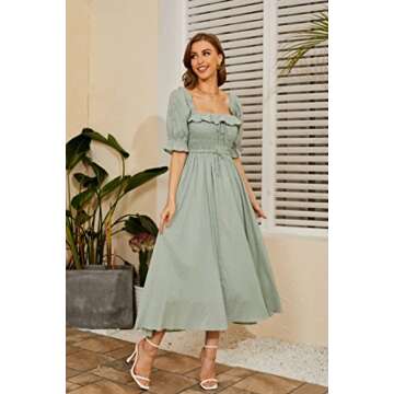 R.YIposha Women Vintage Elastic Square Neck Ruffled Half Sleeve Summer Backless Beach Flowy Maxi Dresses,20-22,Green