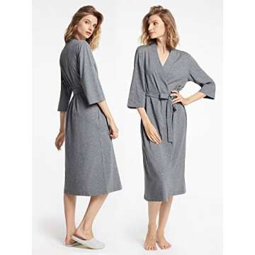 SIORO House Coat Women Robes Cotton Kimono Light Long Bathrobe Soft Knit Lightweight Loungewear Home Hotel Travel Gym V-Neck Sleepwear Steel Gray Large