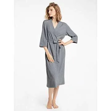 SIORO House Coat Women Robes Cotton Kimono Light Long Bathrobe Soft Knit Lightweight Loungewear Home Hotel Travel Gym V-Neck Sleepwear Steel Gray Large