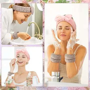 Chuangdi 4 Pcs Microfiber Headband Spa Wristbands and Wrist Bands for Washing Face Cuffs Towel Wristbands Hair Headband Face Wash Cuffs for Women Makeup(Pink, Khaki)