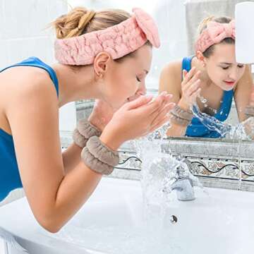 Chuangdi 4 Pcs Microfiber Headband Spa Wristbands and Wrist Bands for Washing Face Cuffs Towel Wristbands Hair Headband Face Wash Cuffs for Women Makeup(Pink, Khaki)