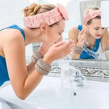 Chuangdi 4 Pcs Microfiber Headband Spa Wristbands and Wrist Bands for Washing Face Cuffs Towel Wristbands Hair Headband Face Wash Cuffs for Women Makeup(Pink, Khaki)