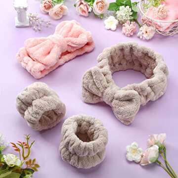 Chuangdi 4 Pcs Microfiber Headband Spa Wristbands and Wrist Bands for Washing Face Cuffs Towel Wristbands Hair Headband Face Wash Cuffs for Women Makeup(Pink, Khaki)