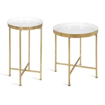 Kate and Laurel Celia Round Metal Foldable Tray Accent Table, White with Gold Base