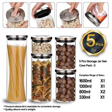 Balchy 5-Piece Canisters Sets with Silicone Seal Borosilicate Glass Jars Vacuum Seal for Tea Coffee ...