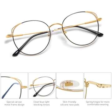 SOJOS Cat Eye Blue Light Blocking Glasses for Woman Hipster Metal Frame Womens Eyeglasses She Young SJ5027, Black&Gold Frame/Anti-Blue Light Lens