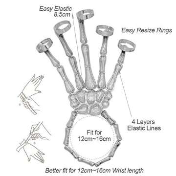 Men Women's Halloween Skull Skeleton Hand Bracelet With Ring (Silver)