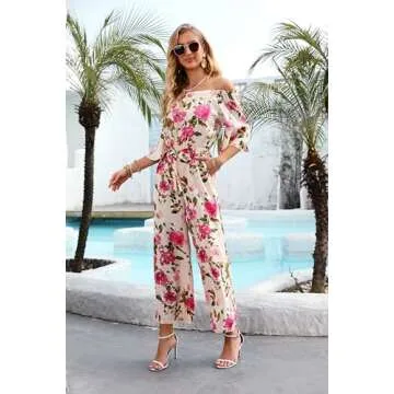 Love Welove Fashion Jumpsuits for Women, Floral Off Shoulder Ruffled Short Sleeve High Waist Wide Leg Pants Romper Dressy