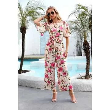 Love Welove Fashion Jumpsuits for Women, Floral Off Shoulder Ruffled Short Sleeve High Waist Wide Leg Pants Romper Dressy