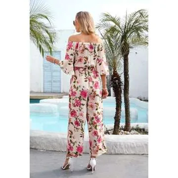 Love Welove Fashion Jumpsuits for Women, Floral Off Shoulder Ruffled Short Sleeve High Waist Wide Leg Pants Romper Dressy