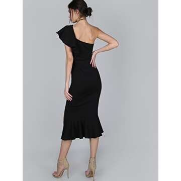 Floerns Women's Ruffle One Shoulder Split Midi Party Bodycon Dress Black S