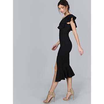 Floerns Women's Ruffle One Shoulder Split Midi Party Bodycon Dress Black S