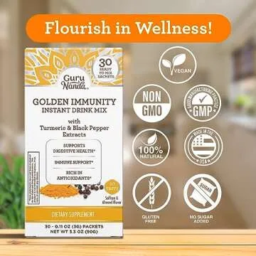 GuruNanda Golden Immunity Instant Drink Mix with Turmeric & Black Pepper - Rich in Antioxidants to Support Immune System & Digestive Health - Saffron & Almond Flavored, On-The-Go Sachets (30 Count)