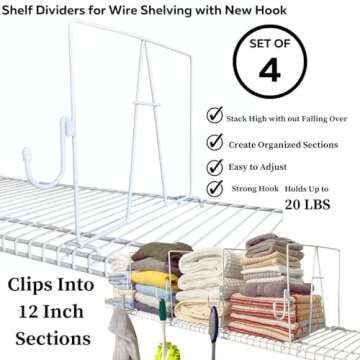 Evelots Wire Shelf Dividers - Extra Closet Organization and Storage for Home or Office -4 Pack- New Removable Hooks - Tall Shelf Separators - Easy to Clip -No Tool- Sturdy Coated Steel - 12 Inch Tall