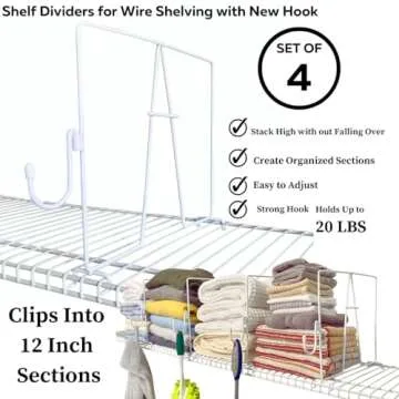 Evelots Wire Shelf Dividers - Extra Closet Organization and Storage for Home or Office -4 Pack- New Removable Hooks - Tall Shelf Separators - Easy to Clip -No Tool- Sturdy Coated Steel - 12 Inch Tall