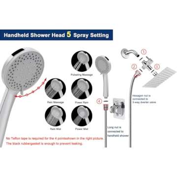 NearMoon Filtered Shower Head, High Pressure 8″Square, 5 settings Handheld Rain Shower Filter Comb...