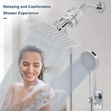 NearMoon Filtered Shower Head, High Pressure 8″Square, 5 settings Handheld Rain Shower Filter Combo with Self-adhesive Holder/1.5M Hose -1 Replaceable Filter Cartridge (Chrome Finish)