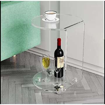 ONELUX C-Shaped Round Acrylic Side Sofa Table on Wheels,Clear Rolling Decoration Table for Living Ro...