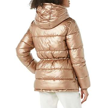 Amazon Essentials Women's Heavyweight Quilted Hooded Puffer Winter Jacket with Adjustable Waist, Metallic Taupe, Medium