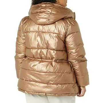 Amazon Essentials Women's Heavyweight Quilted Hooded Puffer Winter Jacket with Adjustable Waist, Metallic Taupe, Medium