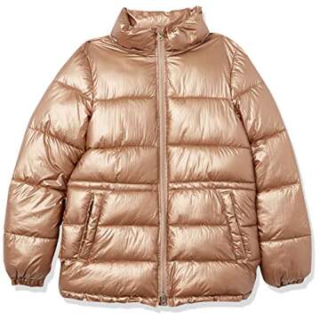 Amazon Essentials Women's Heavyweight Quilted Hooded Puffer Winter Jacket with Adjustable Waist, Metallic Taupe, Medium
