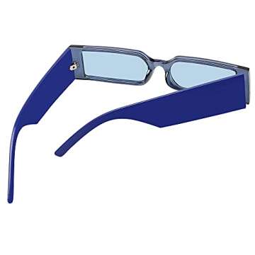 Retro 90s Rectangle Sunglasses for Women Men Trendy Small Nude Inspired Narrow Tiny Thin Skinny Slender Sun Glasses (Blue Frame Blue Lens)