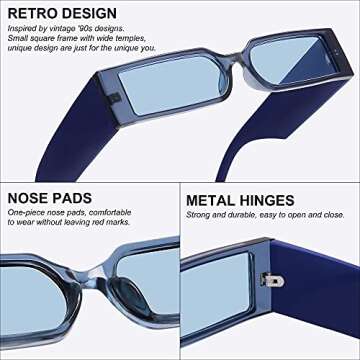 Retro 90s Rectangle Sunglasses for Women Men Trendy Small Nude Inspired Narrow Tiny Thin Skinny Slender Sun Glasses (Blue Frame Blue Lens)