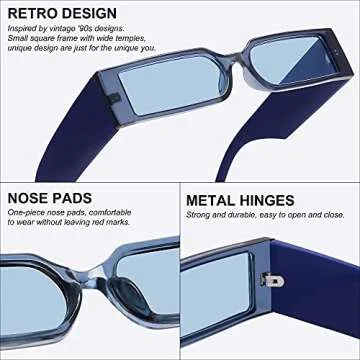 Retro 90s Rectangle Sunglasses for Women Men Trendy Small Nude Inspired Narrow Tiny Thin Skinny Slender Sun Glasses (Blue Frame Blue Lens)