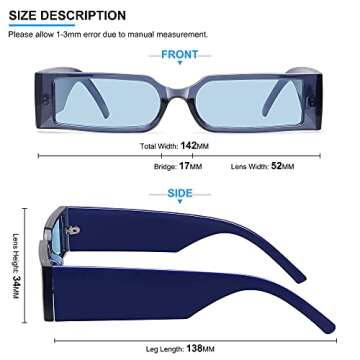 Retro 90s Rectangle Sunglasses for Women Men Trendy Small Nude Inspired Narrow Tiny Thin Skinny Slender Sun Glasses (Blue Frame Blue Lens)