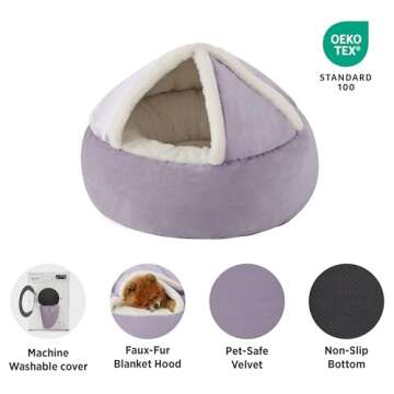 Lesure Medium Dog Bed with Cover Cave - Covered Round Dog Bed for Small and Medium Dogs, Machine Washable Burrow Pet Bed with Hooded Blanket, Cozy Cave Dog Bed with Anti-Slip Bottom, Purple 26"
