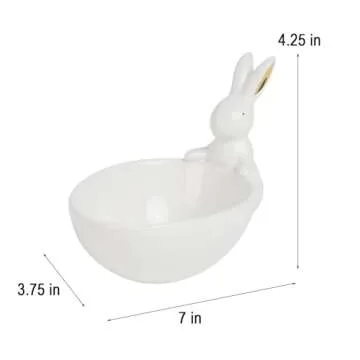 Easter-Decorations - Candy Dish Bowl - Candy Server - Nut Dish - Easter Bunny Bowl Ceramic Snack Serving Dish with Rabbit White Tabletop Decor Framhouse Home Décor 7x3.75x4.25 Inch Newman House Studio