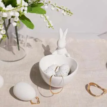 Easter-Decorations - Candy Dish Bowl - Candy Server - Nut Dish - Easter Bunny Bowl Ceramic Snack Serving Dish with Rabbit White Tabletop Decor Framhouse Home Décor 7x3.75x4.25 Inch Newman House Studio