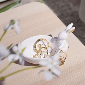 Easter-Decorations - Candy Dish Bowl - Candy Server - Nut Dish - Easter Bunny Bowl Ceramic Snack Serving Dish with Rabbit White Tabletop Decor Framhouse Home Décor 7x3.75x4.25 Inch Newman House Studio