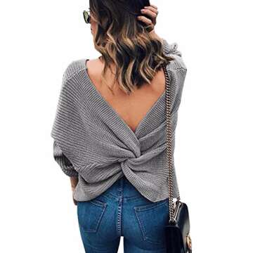 Sexyshine Women's Long Batwing Sleeve V Neck Criss Cross Backless Loose Knitted Sweater Pullover