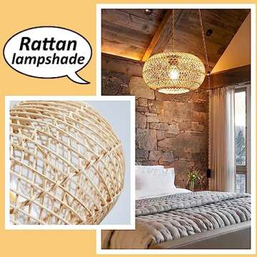 Plug in Pendant Light Rattan Hanging Lights with Plug in Cord, 15 FT Hemp Rope Cord Pendant Lamp Bamboo Lampshade, Farmhouse Industrial Boho Plug In Ceiling Light Fixture For Living Room Bedroom
