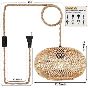 Plug in Pendant Light Rattan Hanging Lights with Plug in Cord, 15 FT Hemp Rope Cord Pendant Lamp Bamboo Lampshade, Farmhouse Industrial Boho Plug In Ceiling Light Fixture For Living Room Bedroom